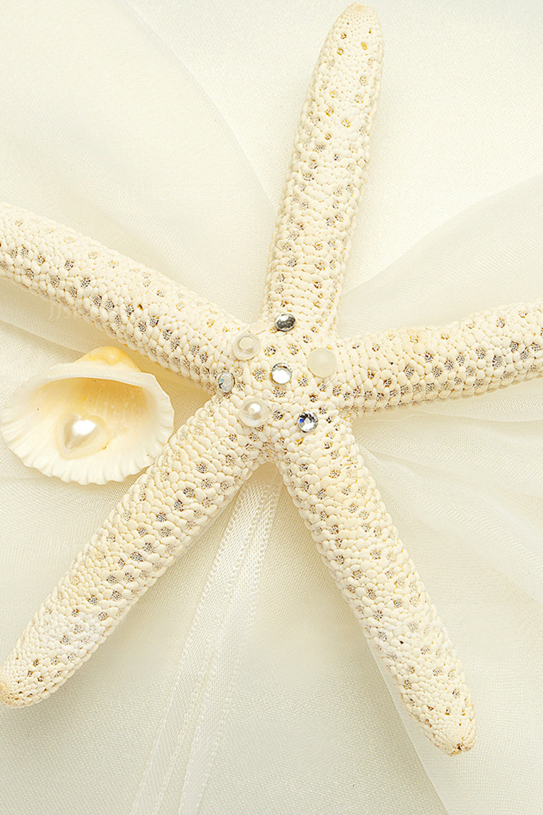 Beach Themed Ring Pillow In Satin With Starfish And Seashell