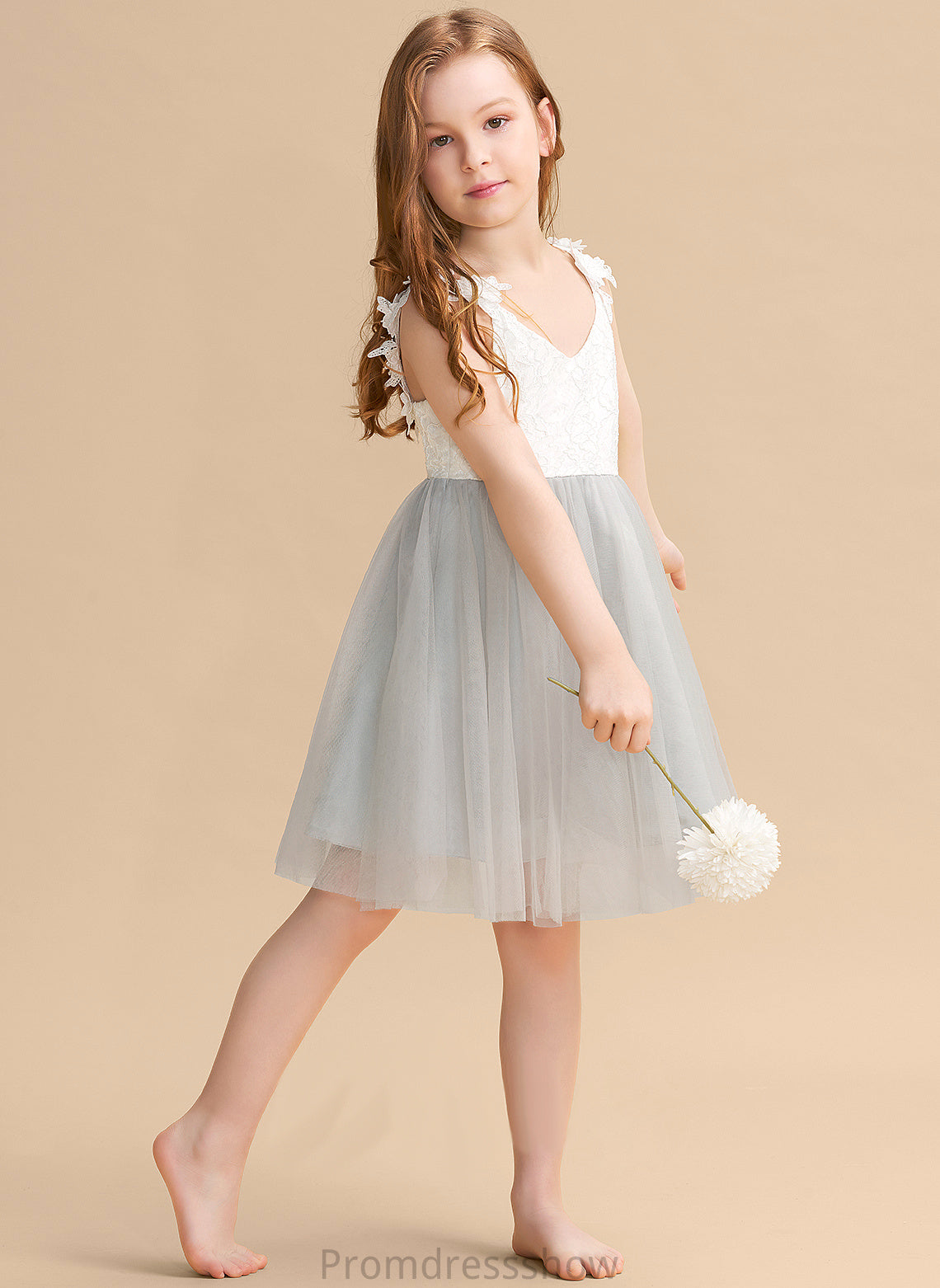 Flower Sleeveless Tulle/Lace A-Line Flower Girl Dresses - Girl Knee-length Dress Kasey V-neck