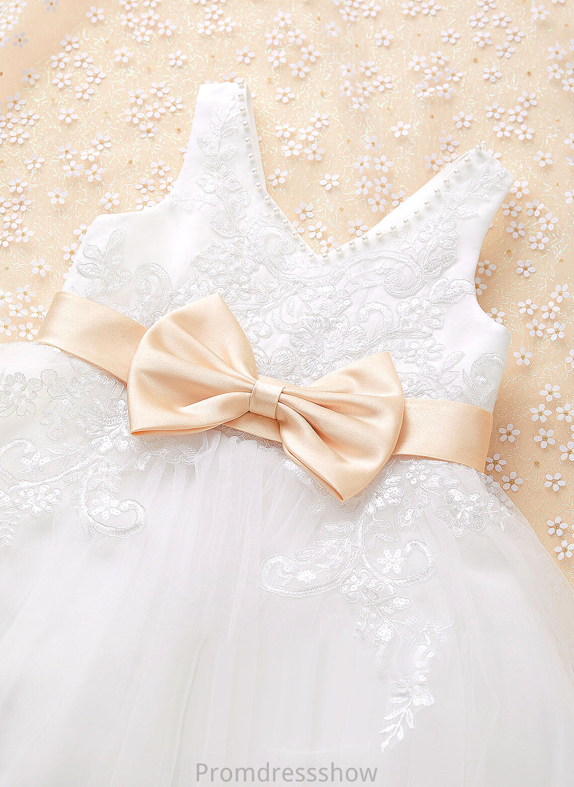 Tulle/Lace With Sleeveless A-Line V-neck Dress Girl - Rosa Flower Knee-length Sash/Beading/Bow(s) Flower Girl Dresses