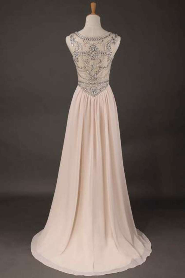 2024 Hot Selling Scoop A Line Full Length Prom Dress Beaded Tulle Bodice With Chiffon Skirt Ready To Ship