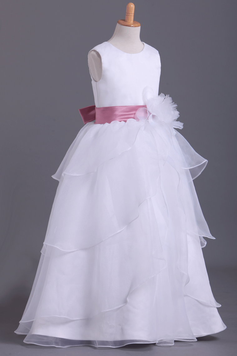 2023 White Flower Girl Dresses Ball Gown Scoop Floor Length Organza