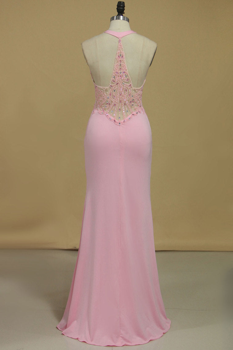 2023 Sheath Scoop With Beading And Slit Prom Dresses Sweep Train Spandex