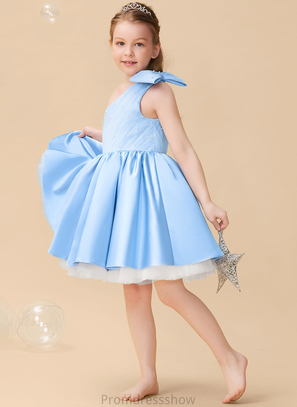 Dress One-Shoulder Beading/Bow(s) Nan - A-Line Knee-length Sleeveless Flower With Girl Satin/Tulle Flower Girl Dresses