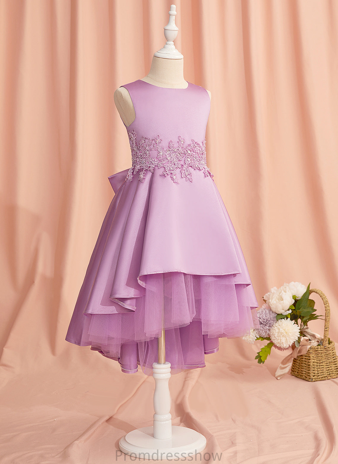 Sleeveless Neck Scoop Flower Girl Dresses Lace/Beading/Bow(s) Satin/Tulle Yaritza - Flower Dress With Girl Asymmetrical A-Line
