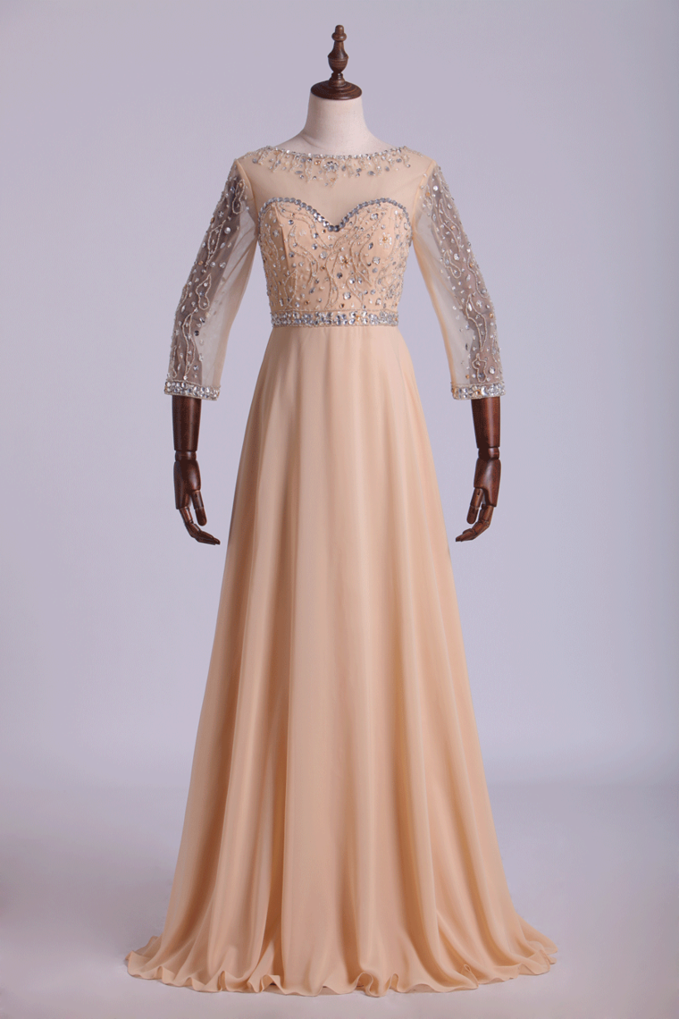 2024 Prom Dresses Bateau 3/4 Length Sleeve A Line Chiffon With Beads