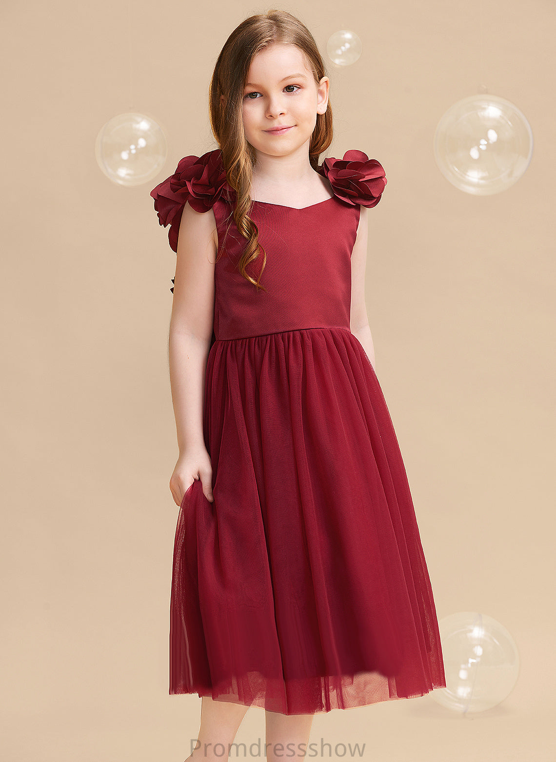 A-Line Tea-length Dress Flower V-neck With Flower(s)/Bow(s) Girl Jennifer Sleeveless - Satin/Tulle Flower Girl Dresses