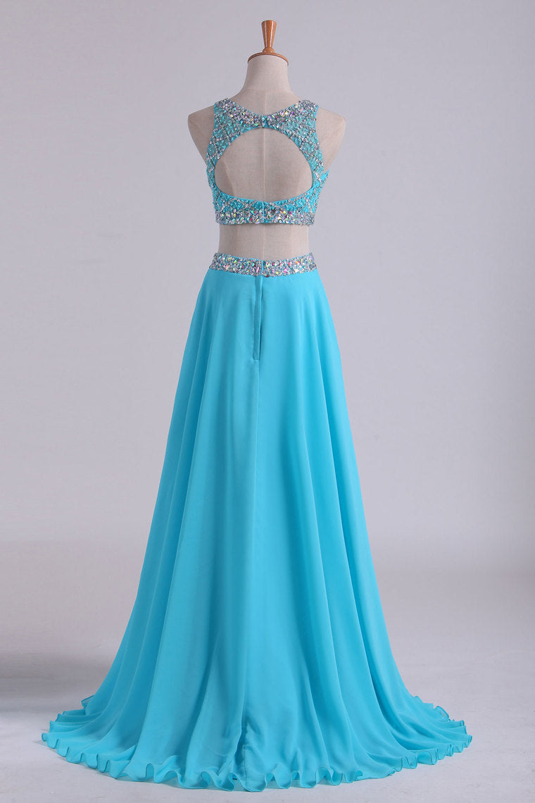 2024 Bateau Two Pieces Prom Dresses A Line Beaded Bodice Open Back Floor Length Chiffon & Tulle