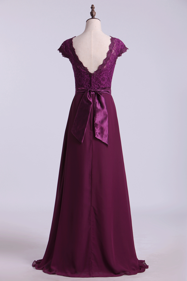 2023 Cap Sleeve Chiffon & Lace Bridesmaid Dresses A-Line Floor-Length