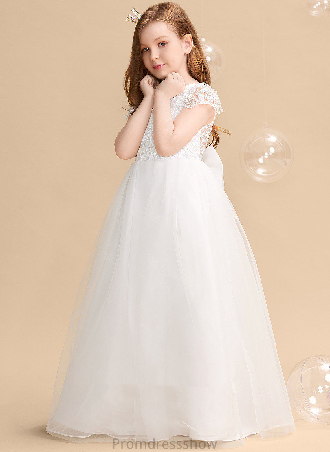 With Kiley Short Floor-length Ball-Gown/Princess - Flower Girl Dresses Tulle/Lace Neck Sleeves Dress Girl Flower Bow(s) Scoop