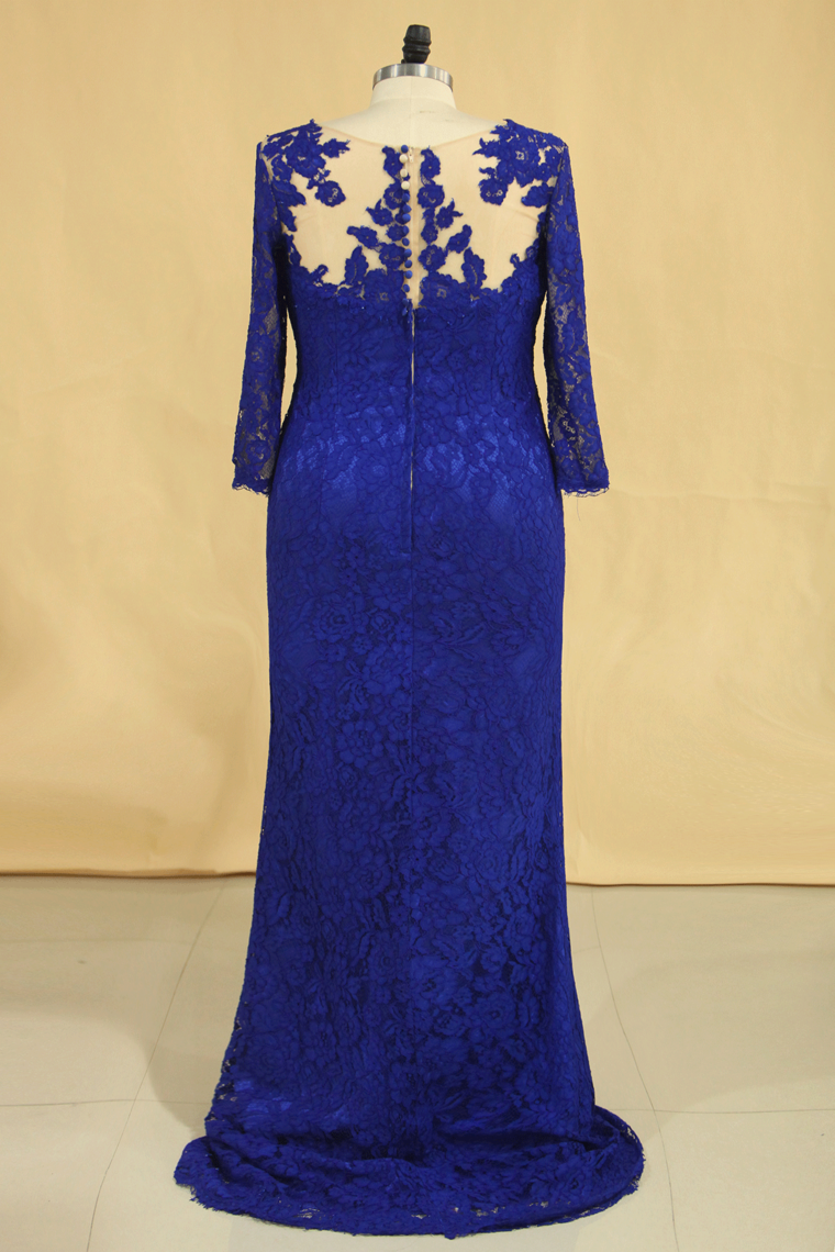 2023 Plus Size Mother Of The Bride Dresses Scoop 3/4 Length Sleeve Lace With Applique Dark Royal Blue