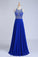 2023 Halter A-Line/Princess Dark Royal Blue Prom Dresses Tulle And Chiffon Sweep Train