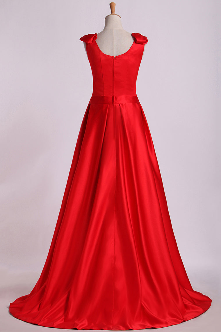 2024 Evening Dress V-Neck Bubble Shoulder A-Line Satin Floor-Length