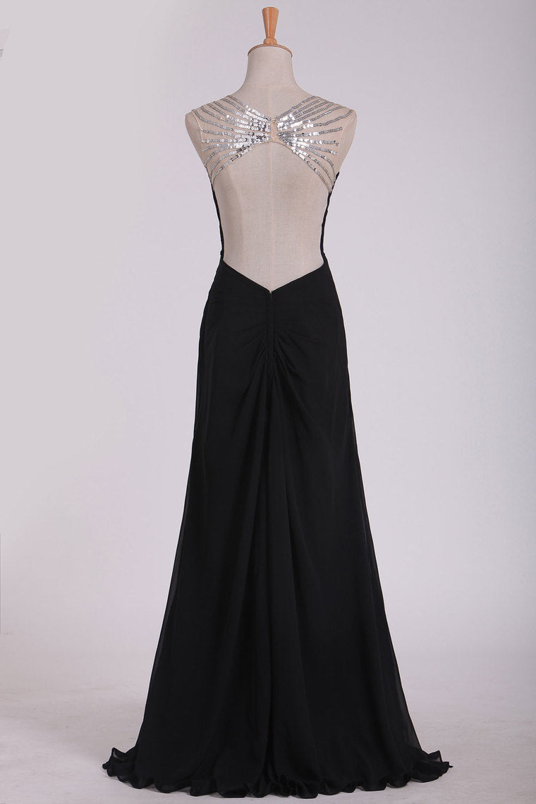 2023 Sexy Open Back Prom Dresses Straps Sheath Chiffon With Beads And Ruffles