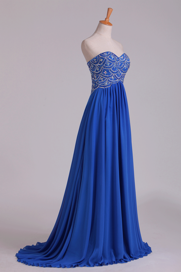 2024 New Arrival Dark Royal Blue Sweetheart Prom Dresses A Line With Beaded Bodice Chiffon