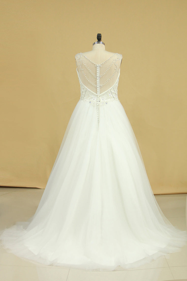 2023 Plus Size A Line Straps Wedding Dresses Tulle With Beading Chapel Train