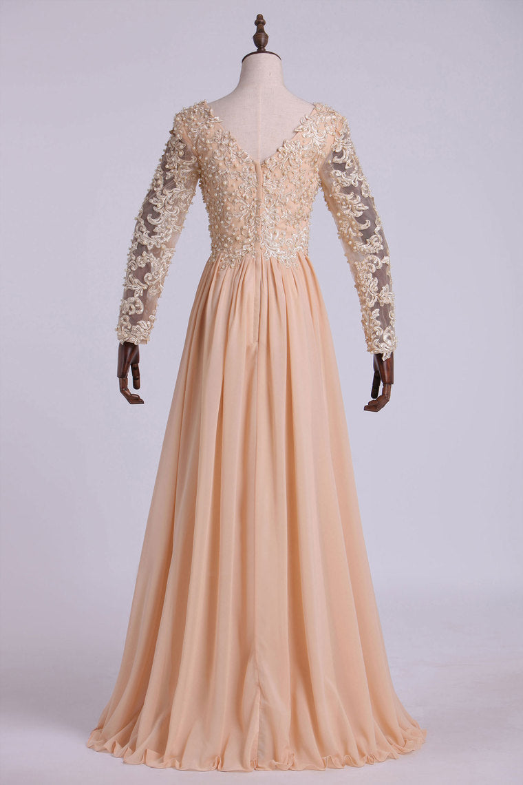 2024 Best Selling Prom Dresses Long Sleeves A Line V Neck Chiffon