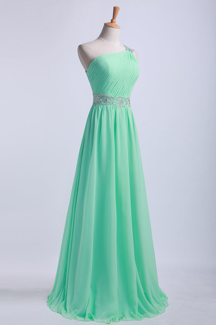 2024 One Shoulder A-Line Prom Dresses Floor Length Chiffon With Beading&Sequins