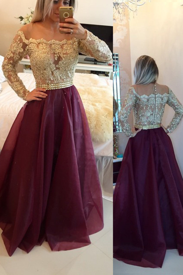 2023 Prom Dresses Scoop A Line With Applique And Beads Floor Length Long Sleeves