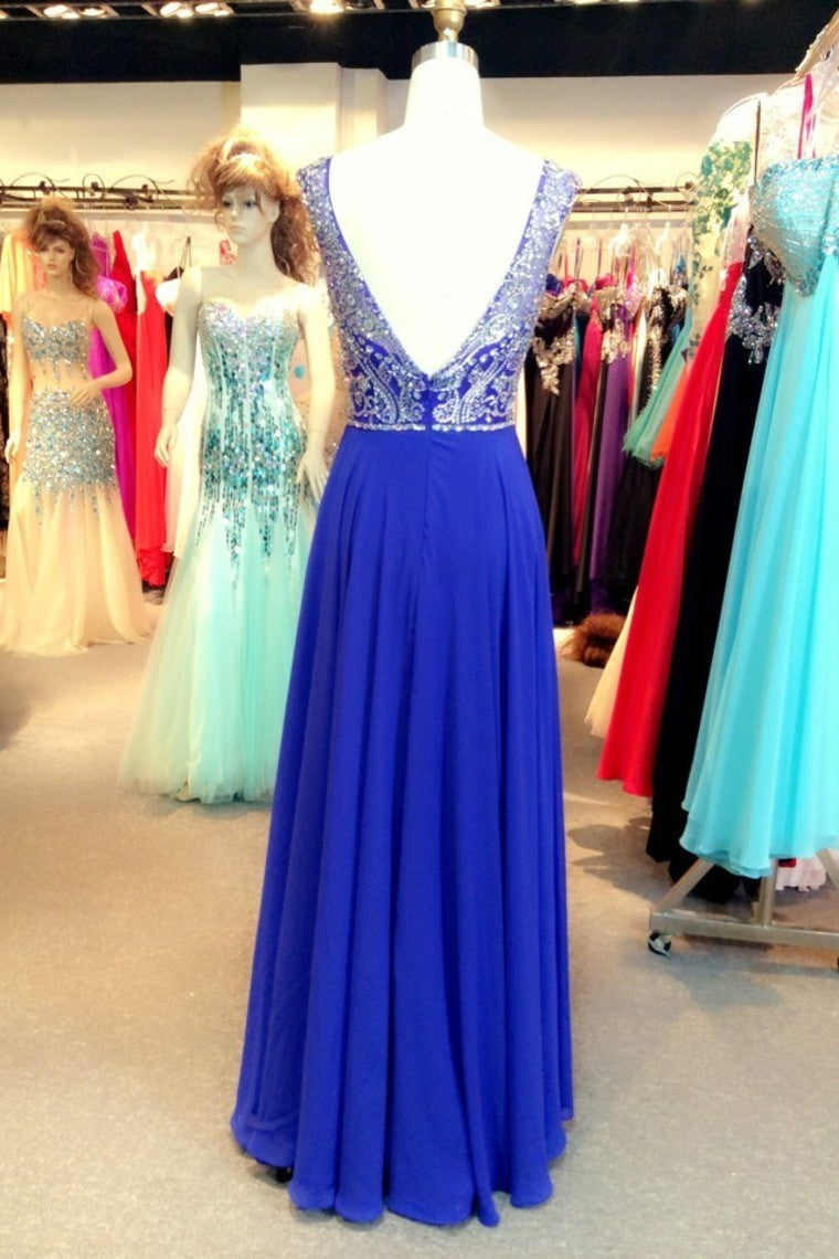 2024 Prom Dresses A-Line Scoop Floor-Length Dark Royal Blue Chiffon Beaded Bodice