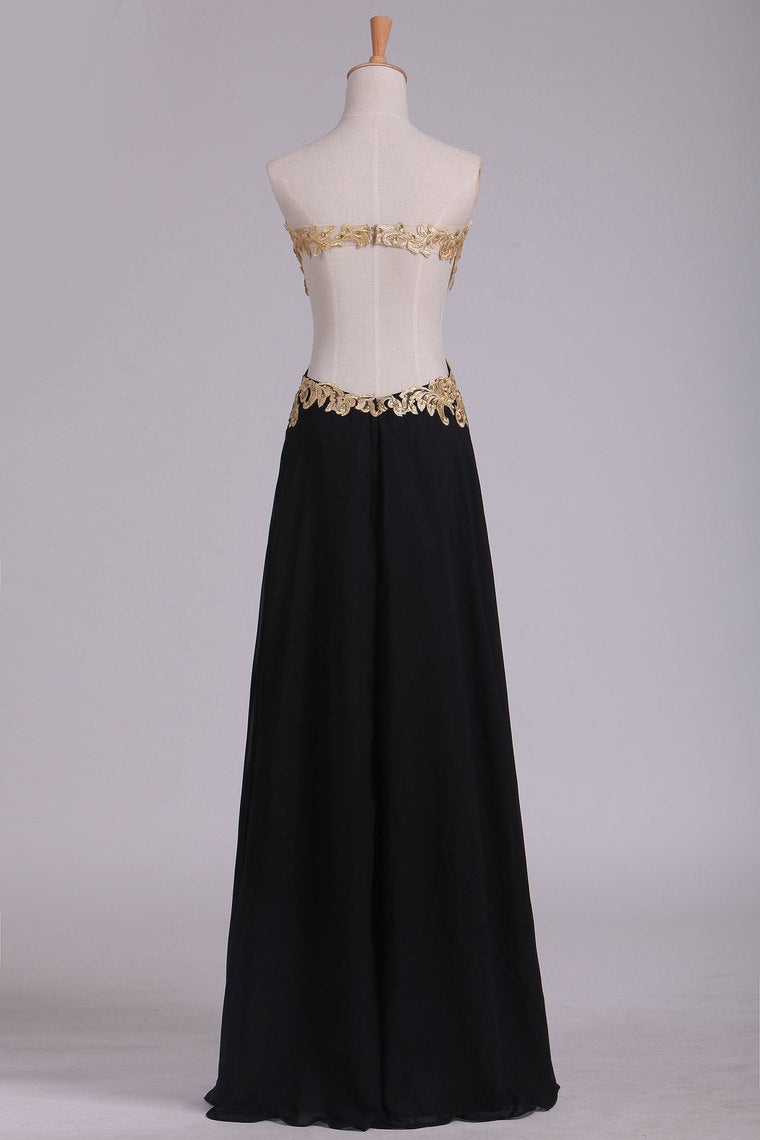 2023 Sweetheart Prom Dresses A Line Chiffon With Gold Applique Sweep Train