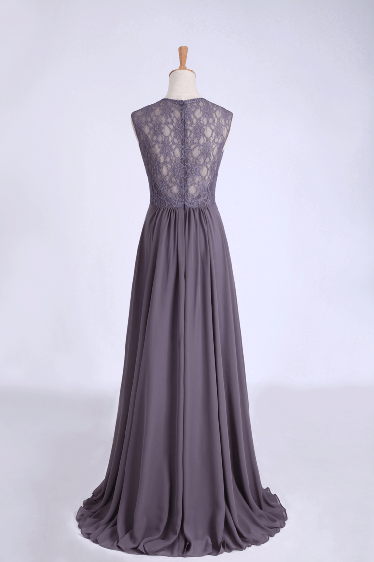 2024 V-Neck A Line Bridesmaid Dresses Floor Length Lace & Chiffon