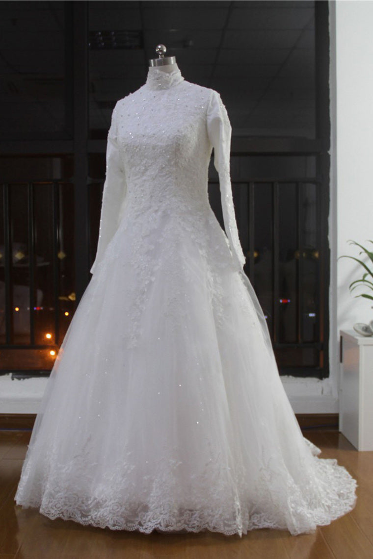 2023 High Neck Wedding Dresses A Line Tulle Muslim With Applique