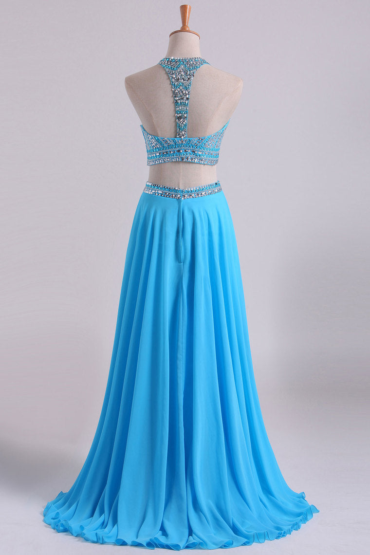 2024 Two-Piece A Line Prom Dresses Beaded Bodice Open Back Chiffon & Tulle