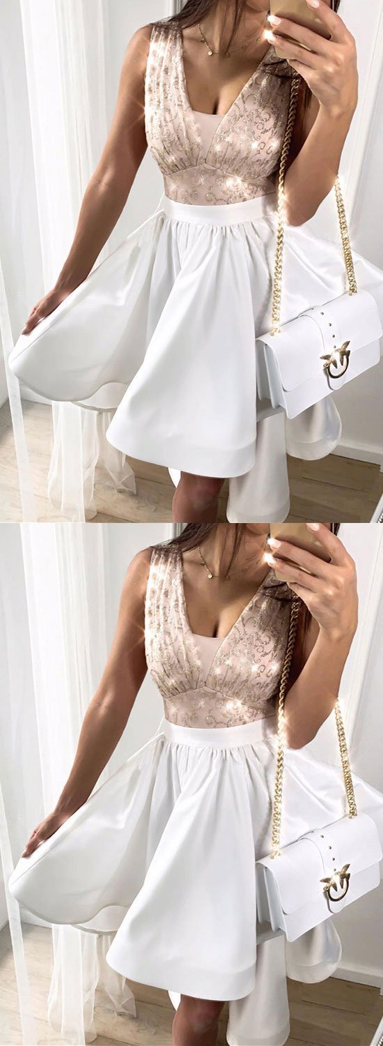 Homecoming Dresses Sanaa White V Neck Sequins Short Dress HC1010