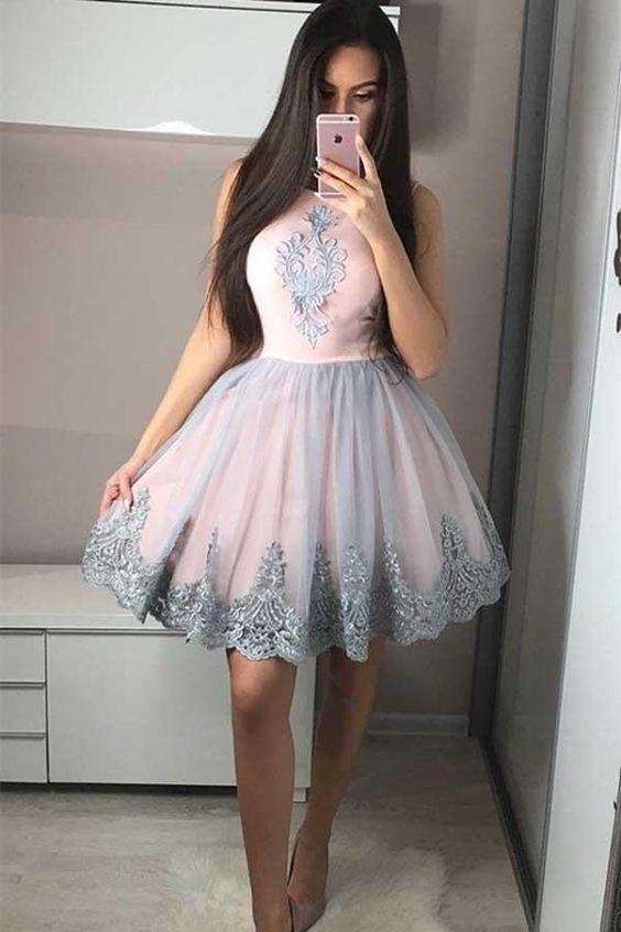 Cute A-Line Round Neck With Nadine Pink Homecoming Dresses Appliques HC10197