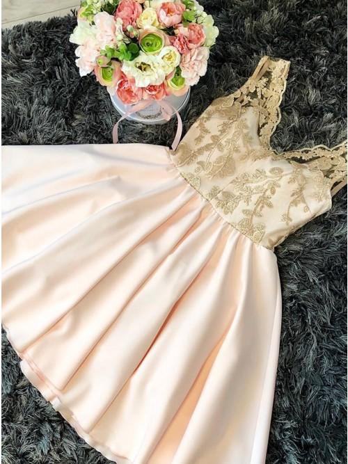 Lace Satin Pink Homecoming Dresses Krystal A-Line V-Neck With HC10253