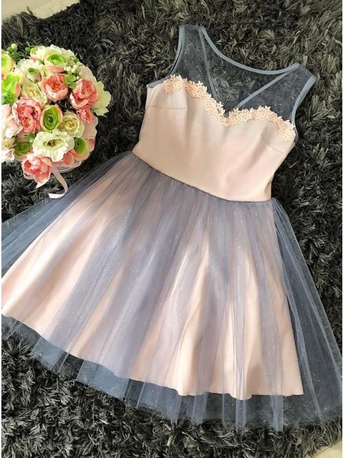 A-Line Round Pink Jaylen Homecoming Dresses Neck Tulle With Appliques HC10264