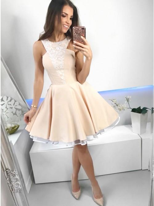 A-Line Round Satin Lace Pink Homecoming Dresses Janet Neck With HC10270
