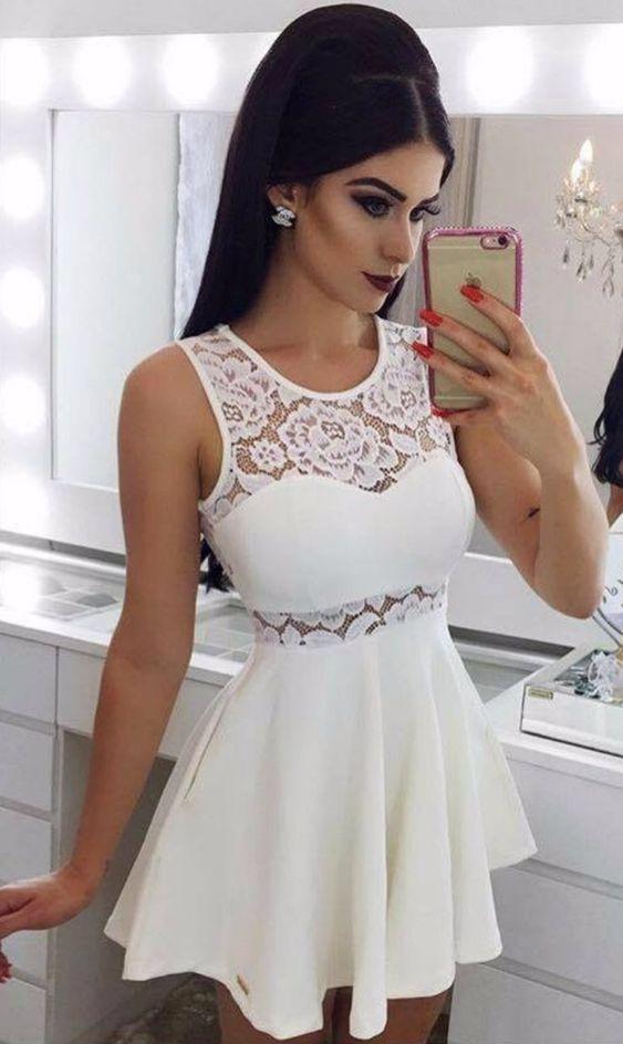 A-Line Maud Homecoming Dresses Lace Crew Short White With Pockets HC1093
