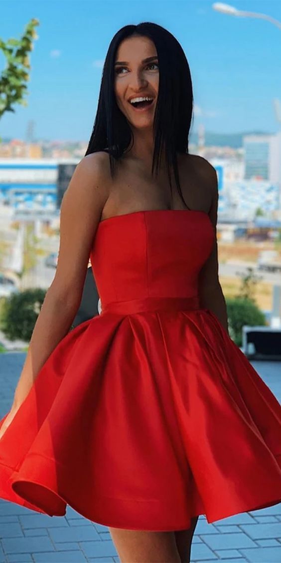 Simple Red Satin Adalyn Homecoming Dresses Strapless Short Formal HC11564