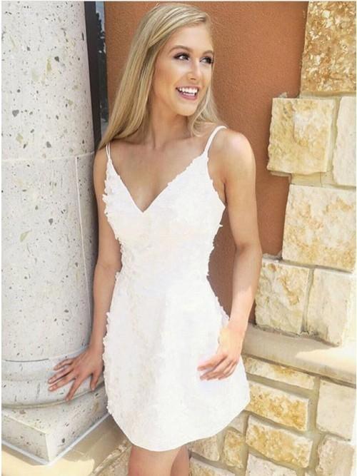 A-Line Spaghetti Homecoming Dresses Lace Madilyn Straps White With Pockets HC11628