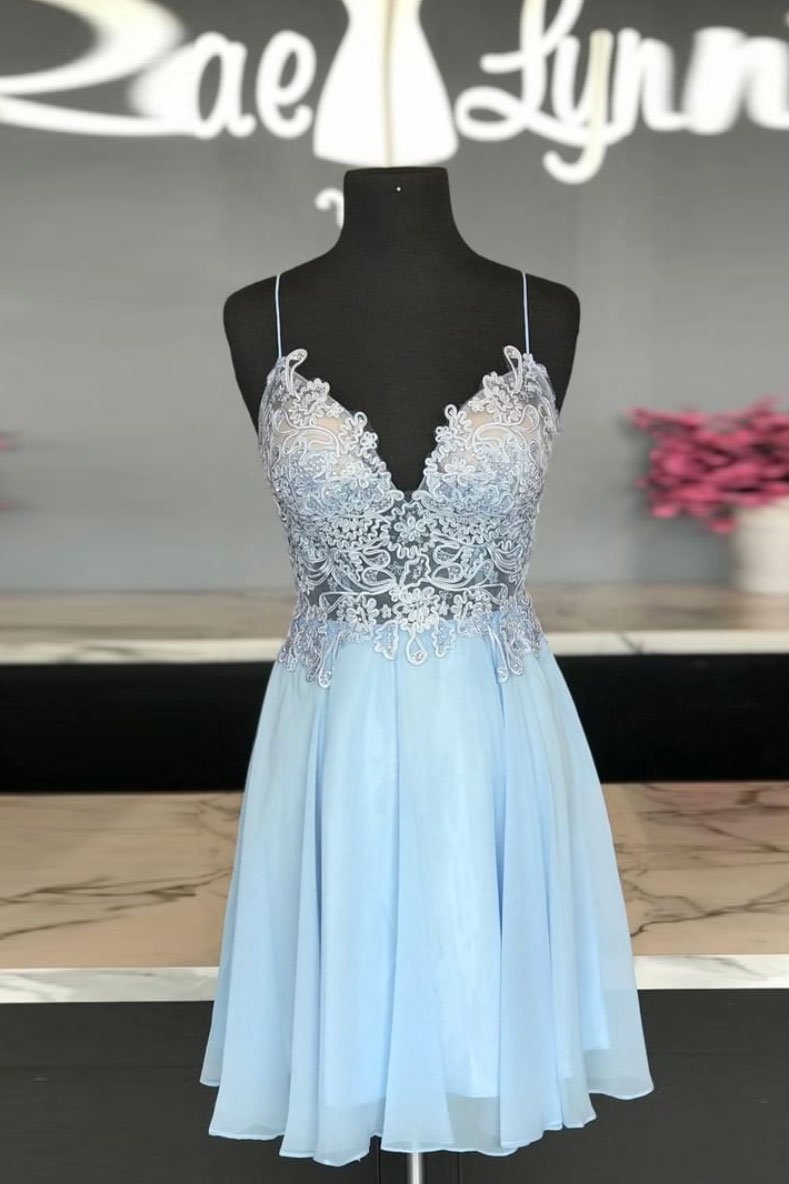 Blue Lace Hedwig Chiffon Homecoming Dresses Sweetheart Short Dress Blue HC12071
