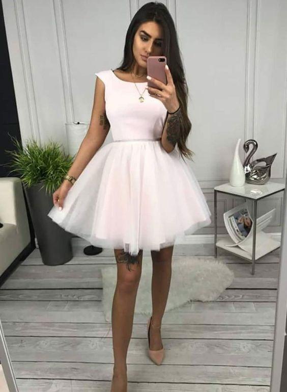 Round Neck Tulle Short Homecoming Dresses Alyssa Pink Dress HC1295