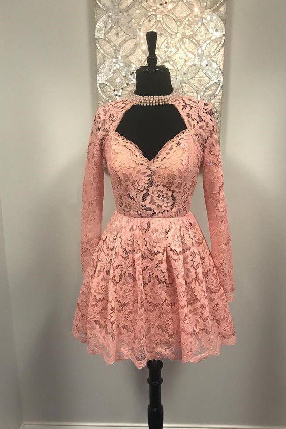 Sweetheart Long Pink Homecoming Dresses Lace Finley Sleeves Short HC14021