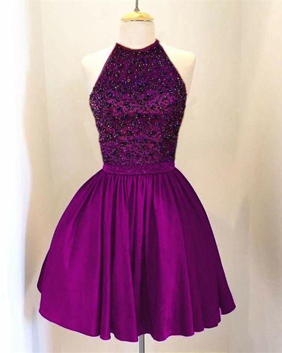 Grape Homecoming Dresses Madilynn Satin A-Line Beaded Halter HC15612