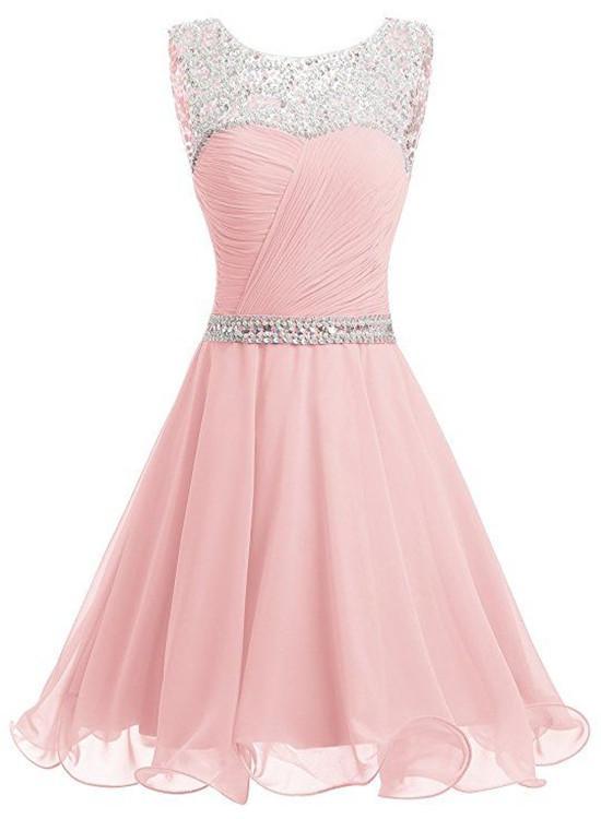 Crystal Short Beaded Party Dress Homecoming Dresses Chiffon Pink Kimberly HC16880