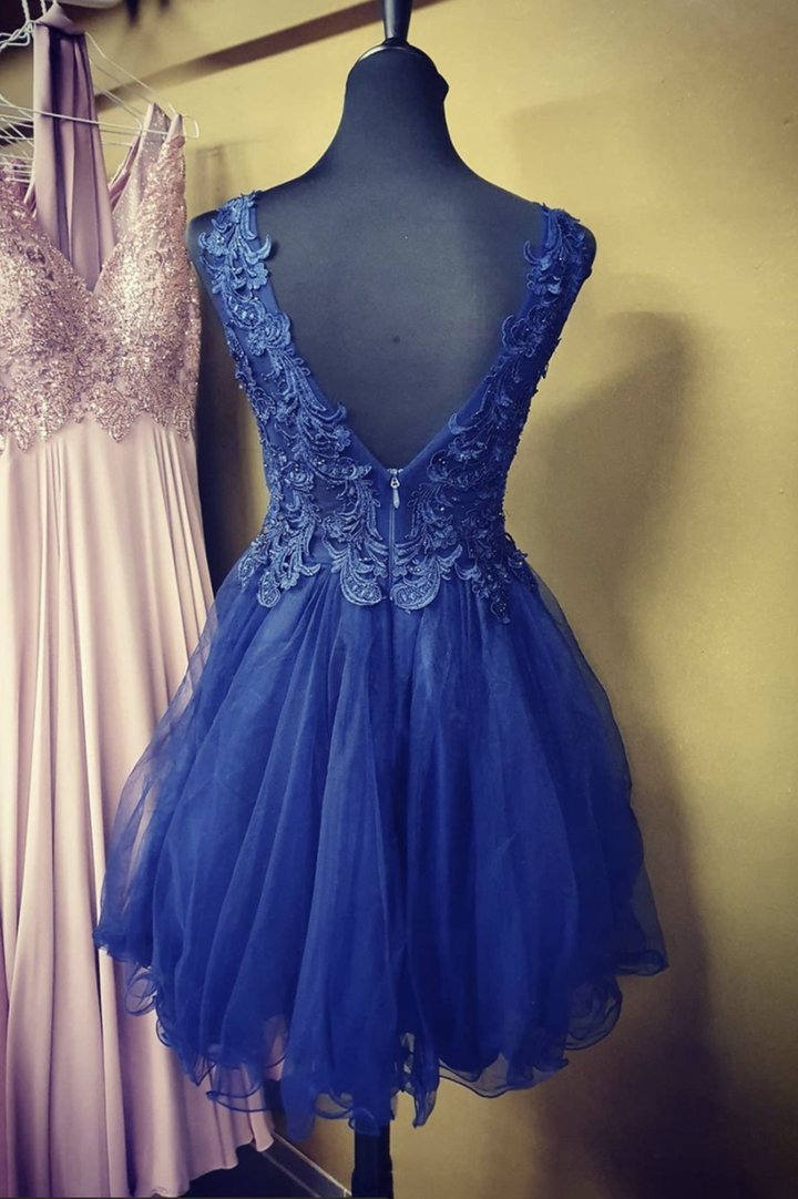 Blue Short Nathalie A Line Lace Homecoming Dresses Evening Dress HC17005