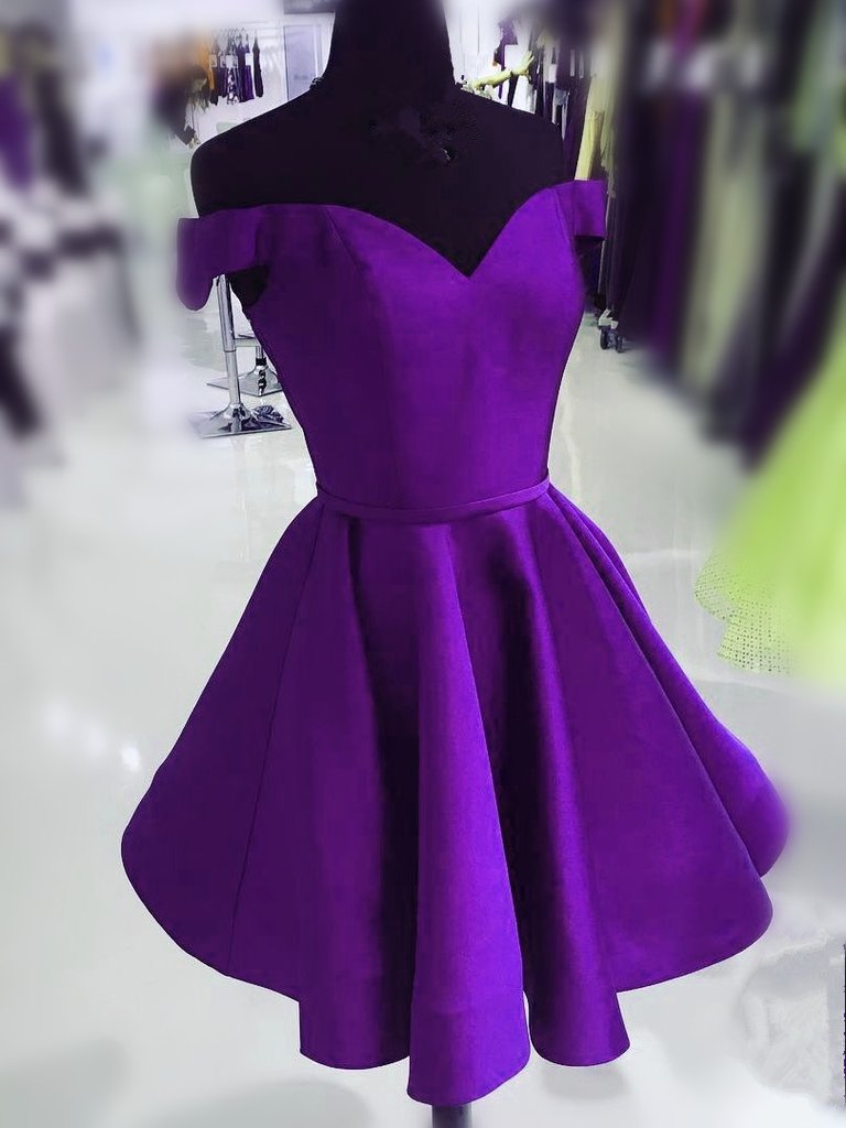 Purple Off Shoulder Julia Homecoming Dresses Satin Short Cute HC19924