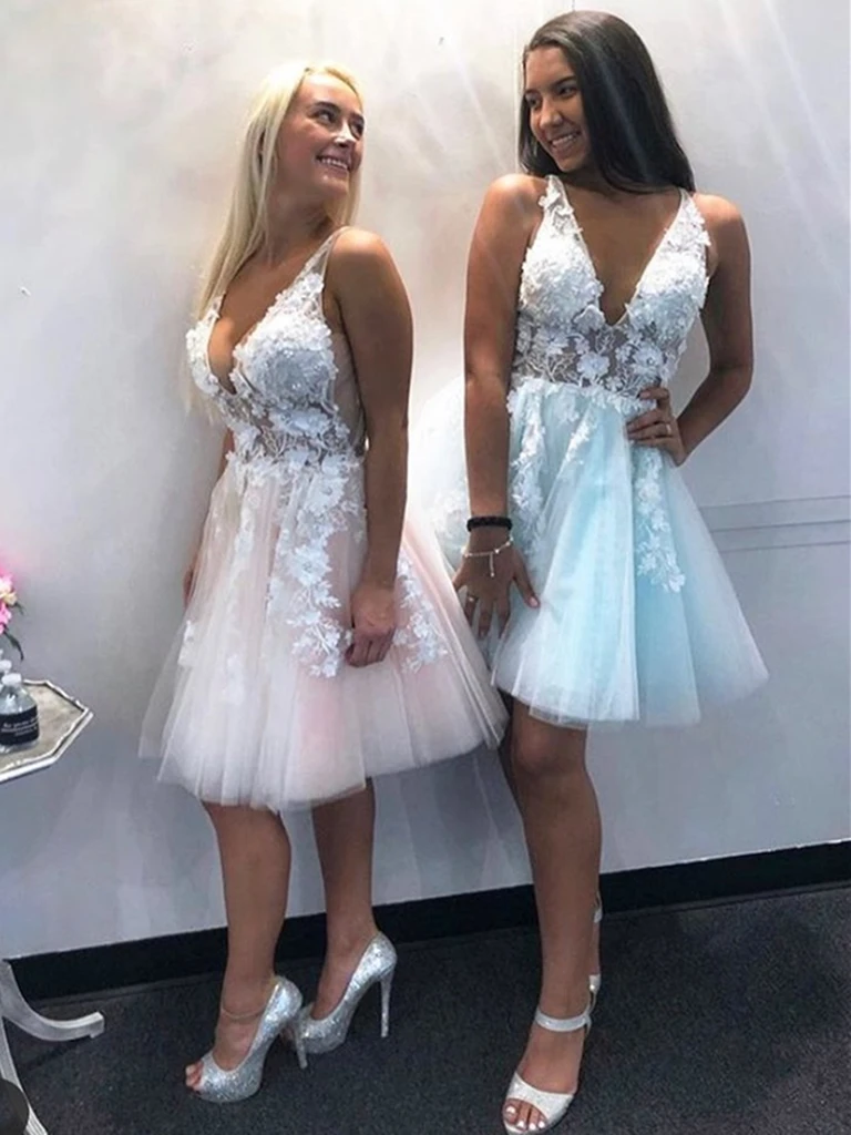 Short Blue Pink Homecoming Dresses Lace Kaylynn Formal Evening HC21825