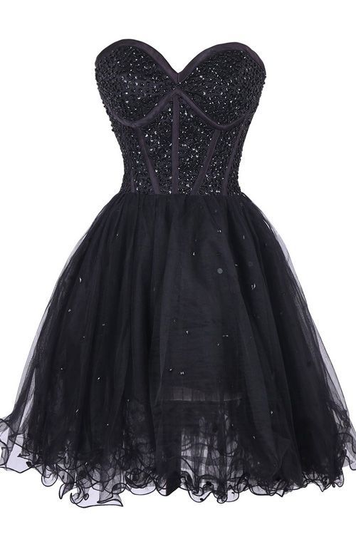 Homecoming Dresses Novia Black Beaded Embellished Sweetheart Short Tulle HC22497