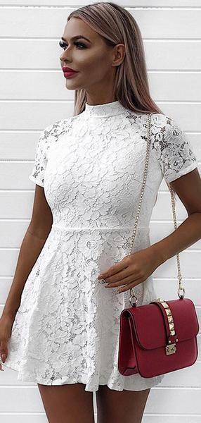 A-Line High Neck Homecoming Dresses Lace Melissa Short Sleeves HC22867