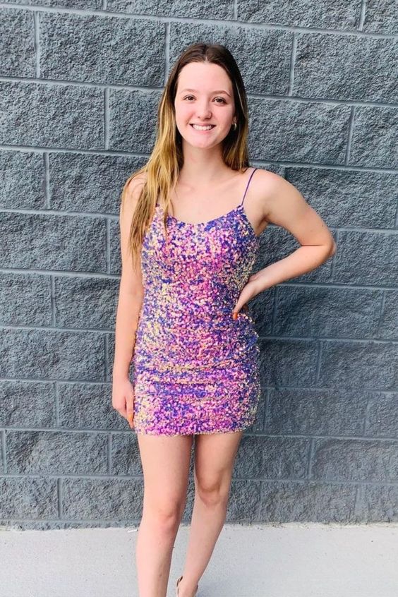 Uerica Homecoming Dresses Tight Lilac Sequined Short Party Dress HC23603