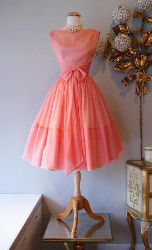1950S Vintage Ball Cocktail Karla Homecoming Dresses Gown Crew Neck Coral Mini Short Dresses