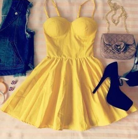 Spaghetti Straps Cute Dress Yellow Hillary Homecoming Dresses For Girls HC2365