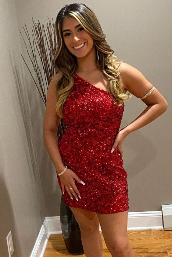 Tight Lindsay Homecoming Dresses Red Sequins Short With One Shoulder HC24123