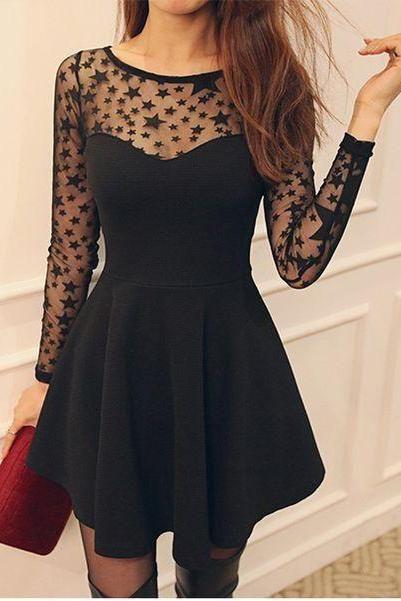Cute Black Star Pattern Baylee Homecoming Dresses Long Sleeve HC24457